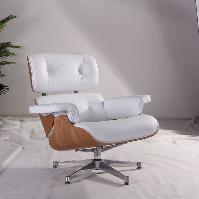 Fauteuil Lounge Chair Et Ottoman En Cuir Italien Blanc Et Bois Frêne Eames face