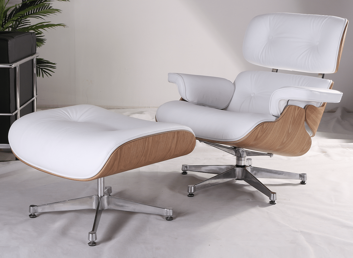 Fauteuil Lounge Chair Et Ottoman En Cuir Italien Blanc Et Bois Frêne Eames replique copie original salon