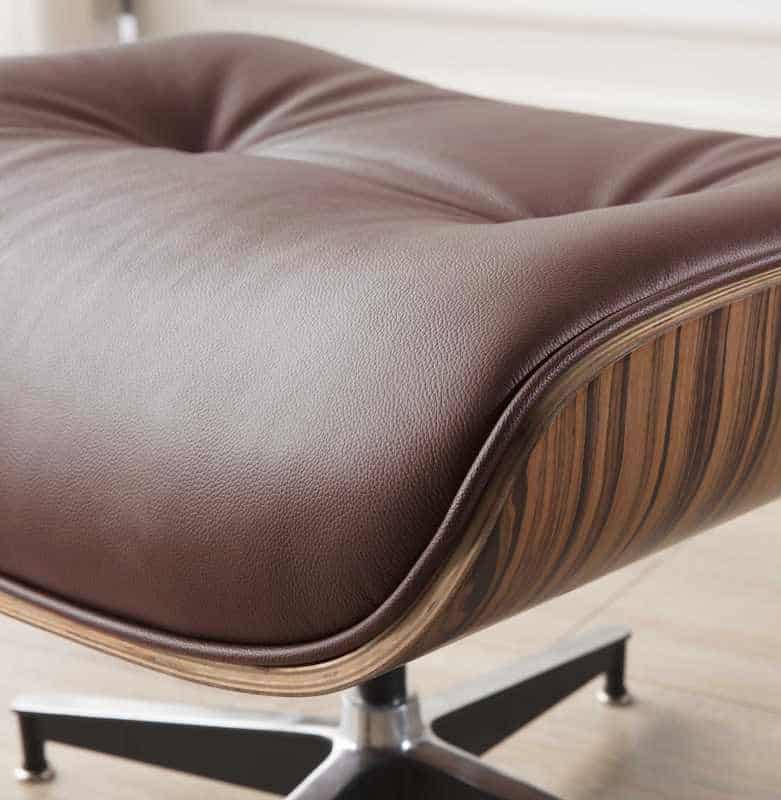Fauteuil Lounge Chair et Ottoman en Cuir Italien Marron et Bois de Palissandre Eames dimensions base aluminium