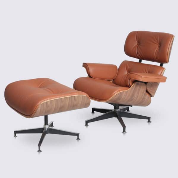 fauteuil lounge eames copie replica lounge chair et ottoman eams en cuir cognac et bois de noyer
