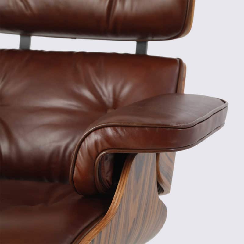 accoudoir copie fauteuil charles eames avec ottoman cuir aniline marron vintage bois palissandre