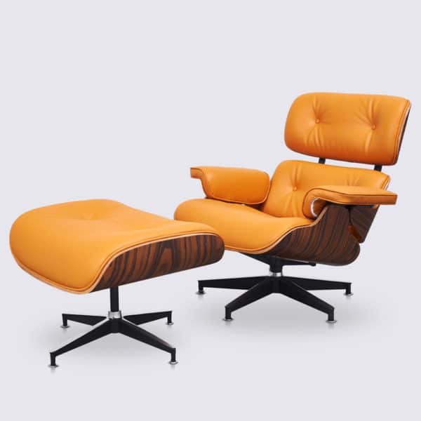 copie fauteuil charles eames avec ottoman cuir italien orange bois de palissandre base alu noir
