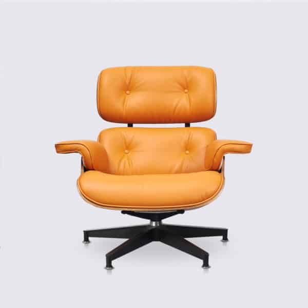 copie fauteuil charles eames cuir italien orange bois de palissandre base alu noir