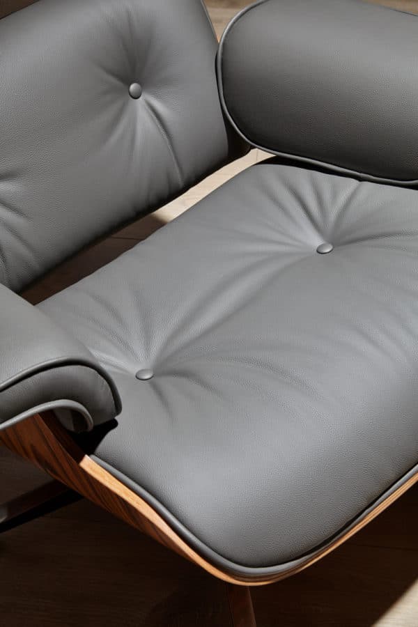 copie fauteuil charles eames avec ottoman cuir italien gris bois de palissandre base alu noir