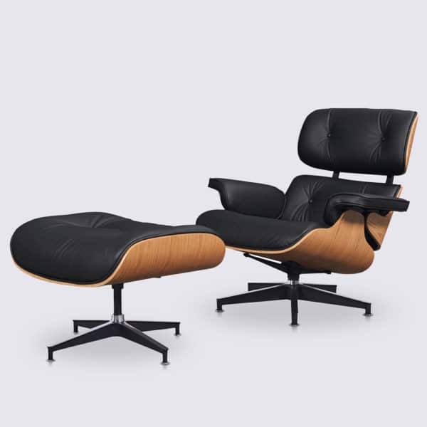 imitation fauteuil charles eames avec ottoman cuir pleine fleur noir bois de frêne base alu noir