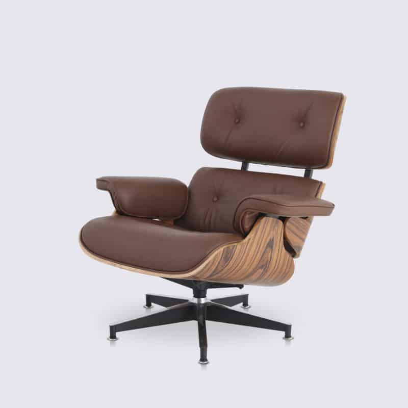imitation fauteuil charles eames cuir aniline marron chocolat bois de palissandre base alu noir