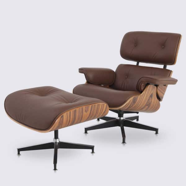 copie fauteuil charles eames avec ottoman cuir aniline marron chocolat bois de palissandre base alu noir