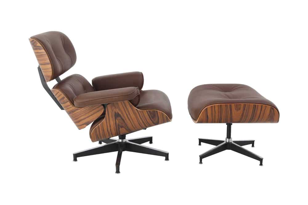 replica fauteuil charles eames avec ottoman cuir aniline marron chocolat bois de palissandre base alu noir