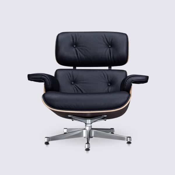 copie fauteuil lounge eams replica lounge chair et ottoman eames en cuir noir et bois de noyer base alu poli chromé