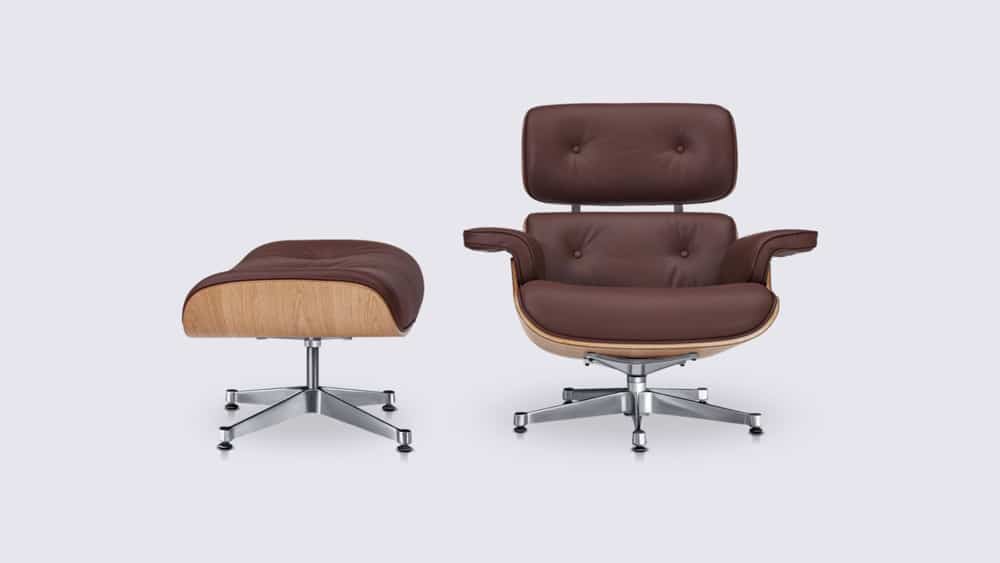 fauteuil eams lounge chair et ottoman en cuir aniline marron vintage et bois de frêne replica copie eames